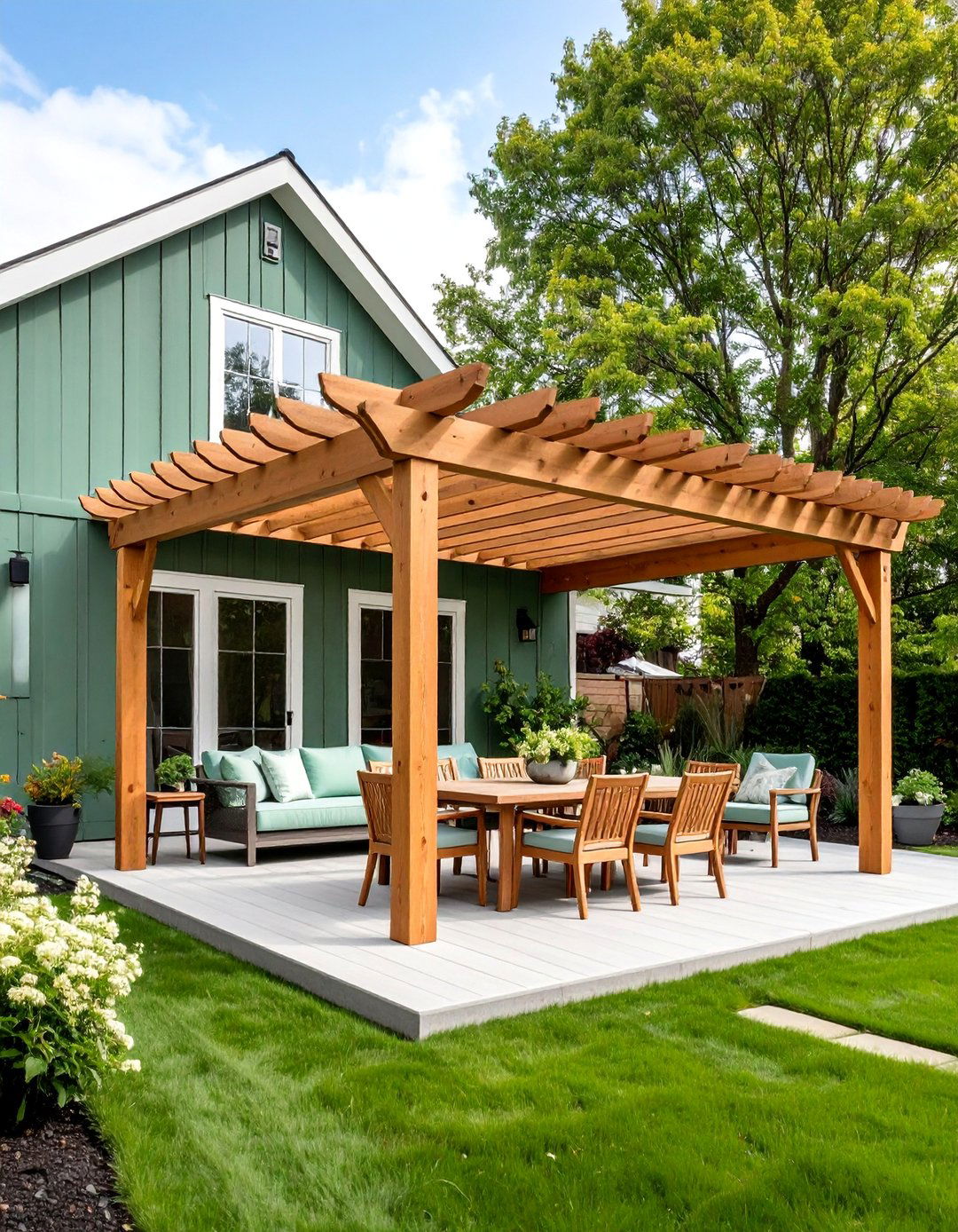 Sage Green with Wooden Pergola Features - 25 Sage Green House Exterior Ideas