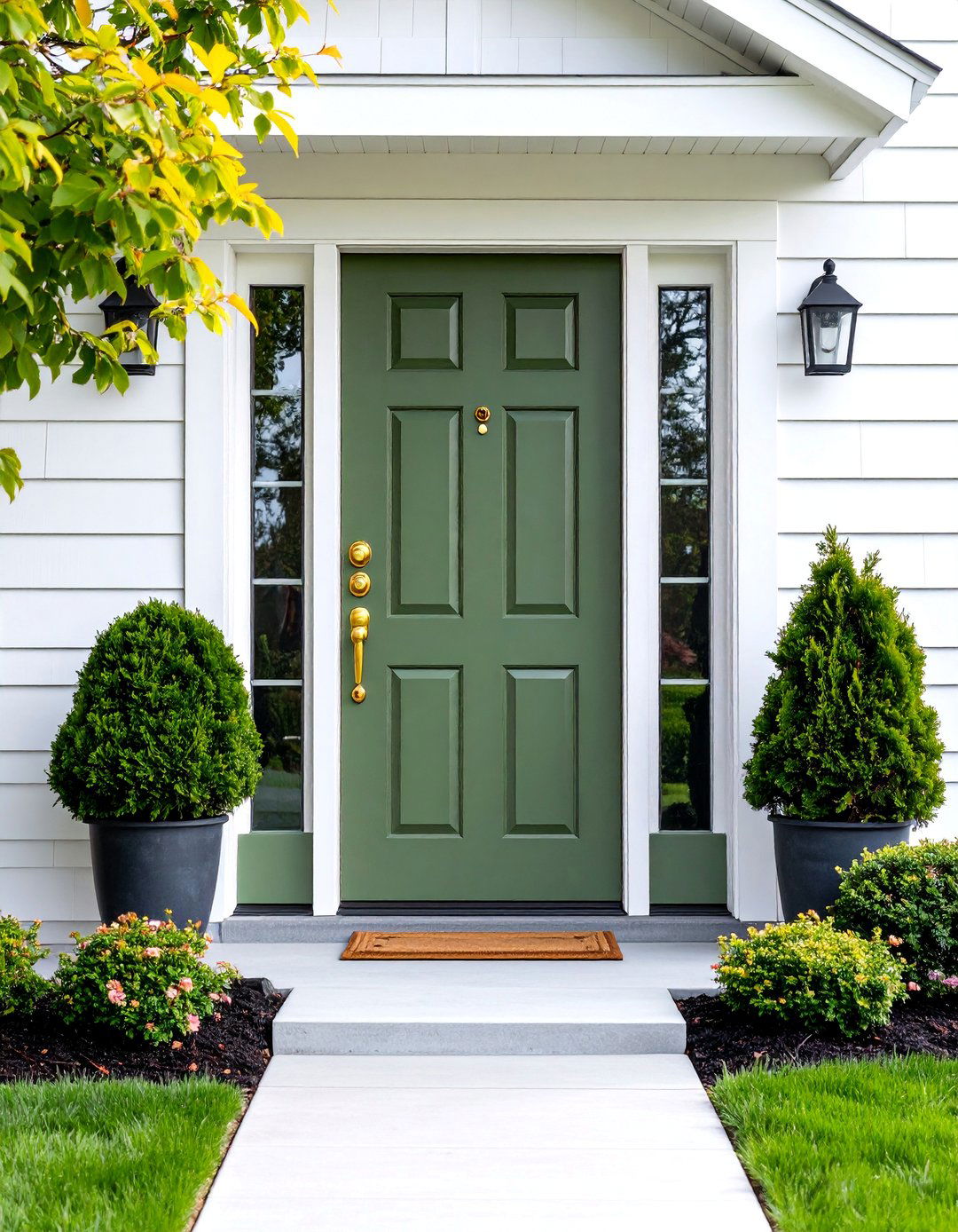 Sage Olive Green Fiberglass Front Door with Brass Hardware - 25 Olive Green Front Door Ideas