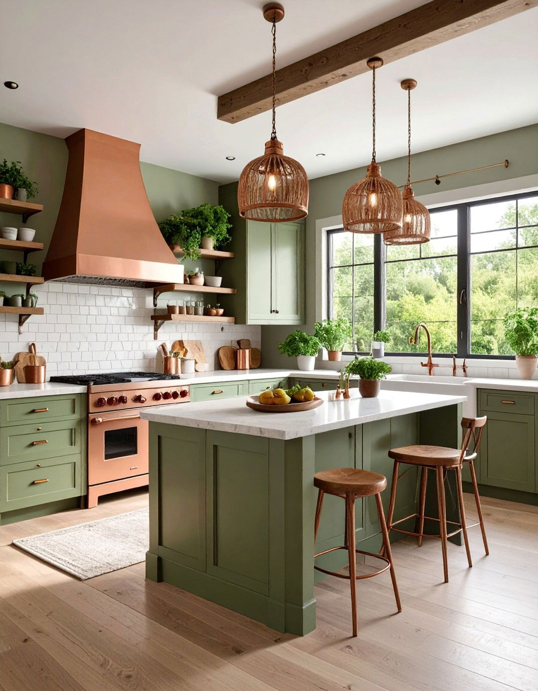 Sage and Copper Cottage Kitchen with Herb Garden Elements - 25 Boho Cottage Style Decor Ideas