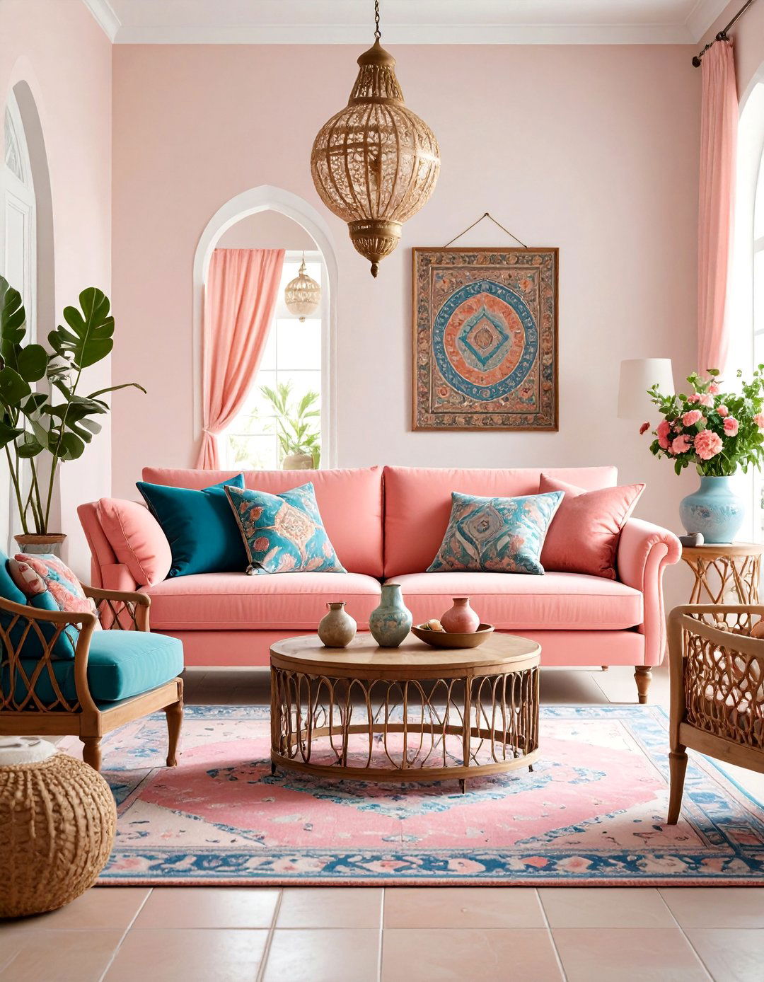Salmon Pink Sofa with Mediterranean Style - 25 Pink Couch Living Room Ideas