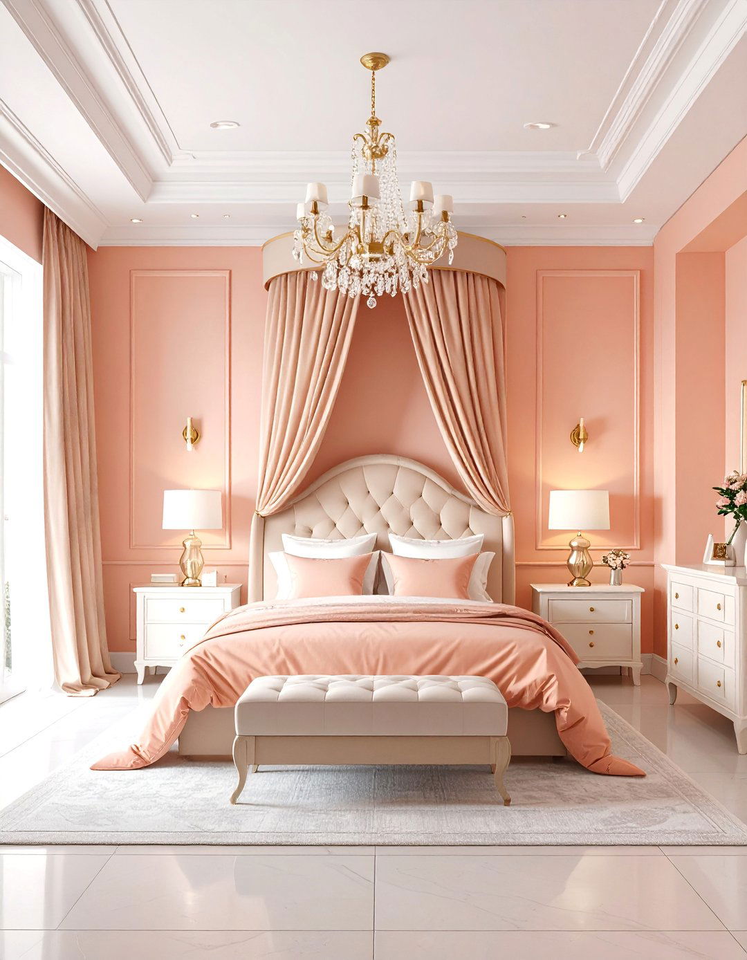 Salmon Pink Traditional Bedroom with Classic Molding - 25 Pink Bedroom Ideas
