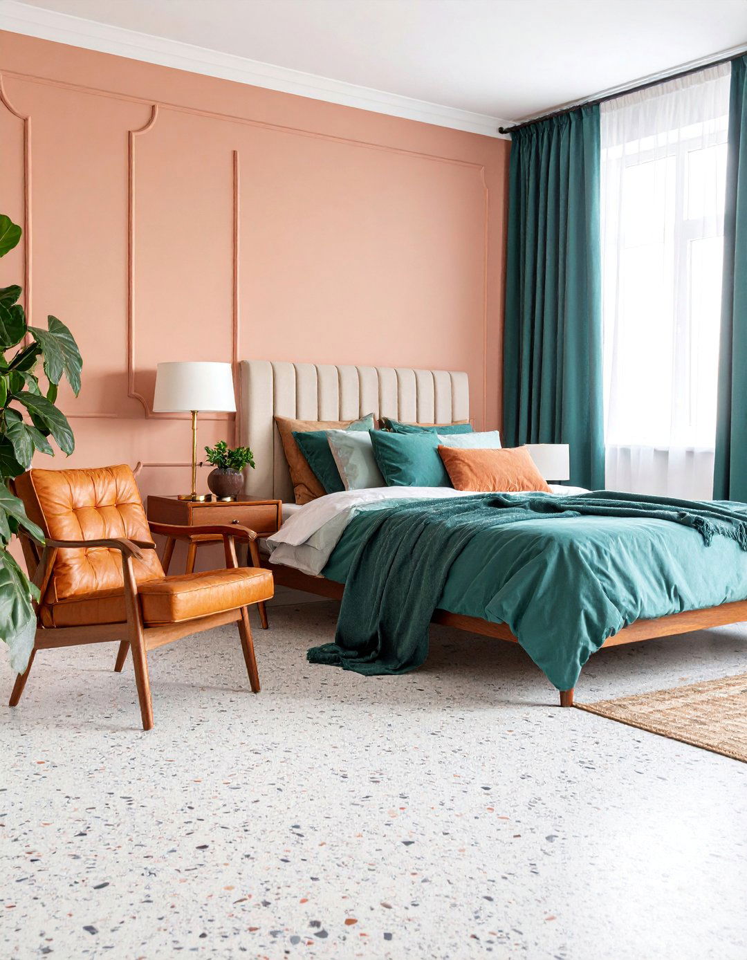 Salmon Pink and Teal Green Mid Century Modern Bedroom - 25 Pink and Green Bedroom Ideas