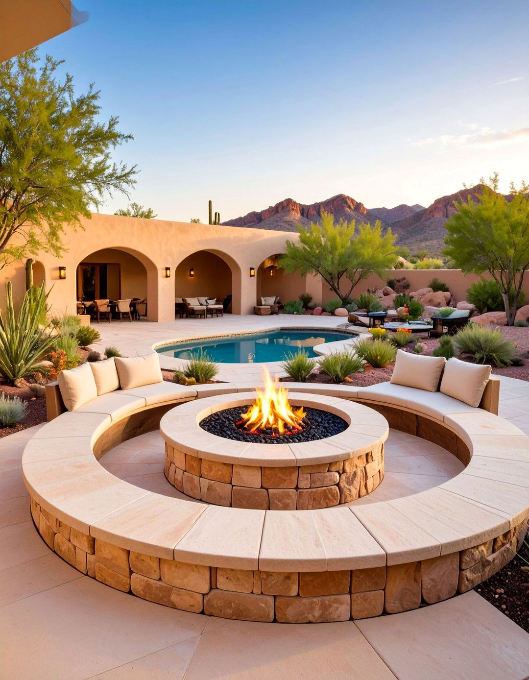 Sandstone Ashlar with Raised Fire Bowl Ring - 25 stamped concrete patio with fire pit ideas