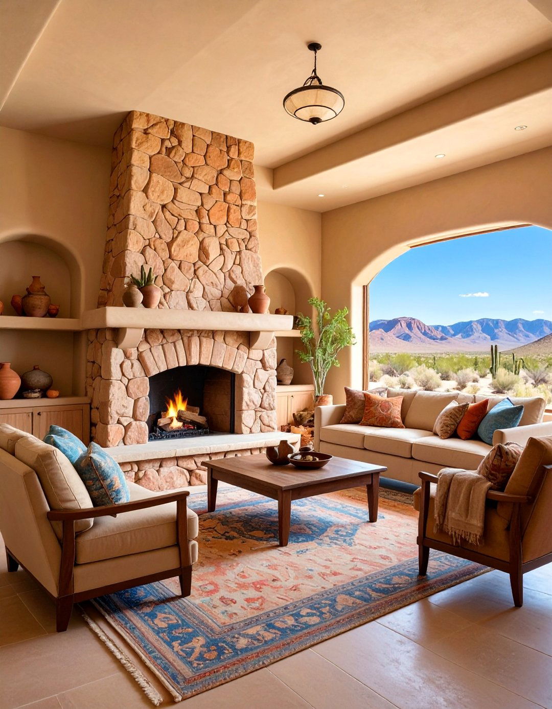Sandstone Fireplace with Southwestern Desert Styling - 25 Floor to Ceiling Stone Fireplace Ideas