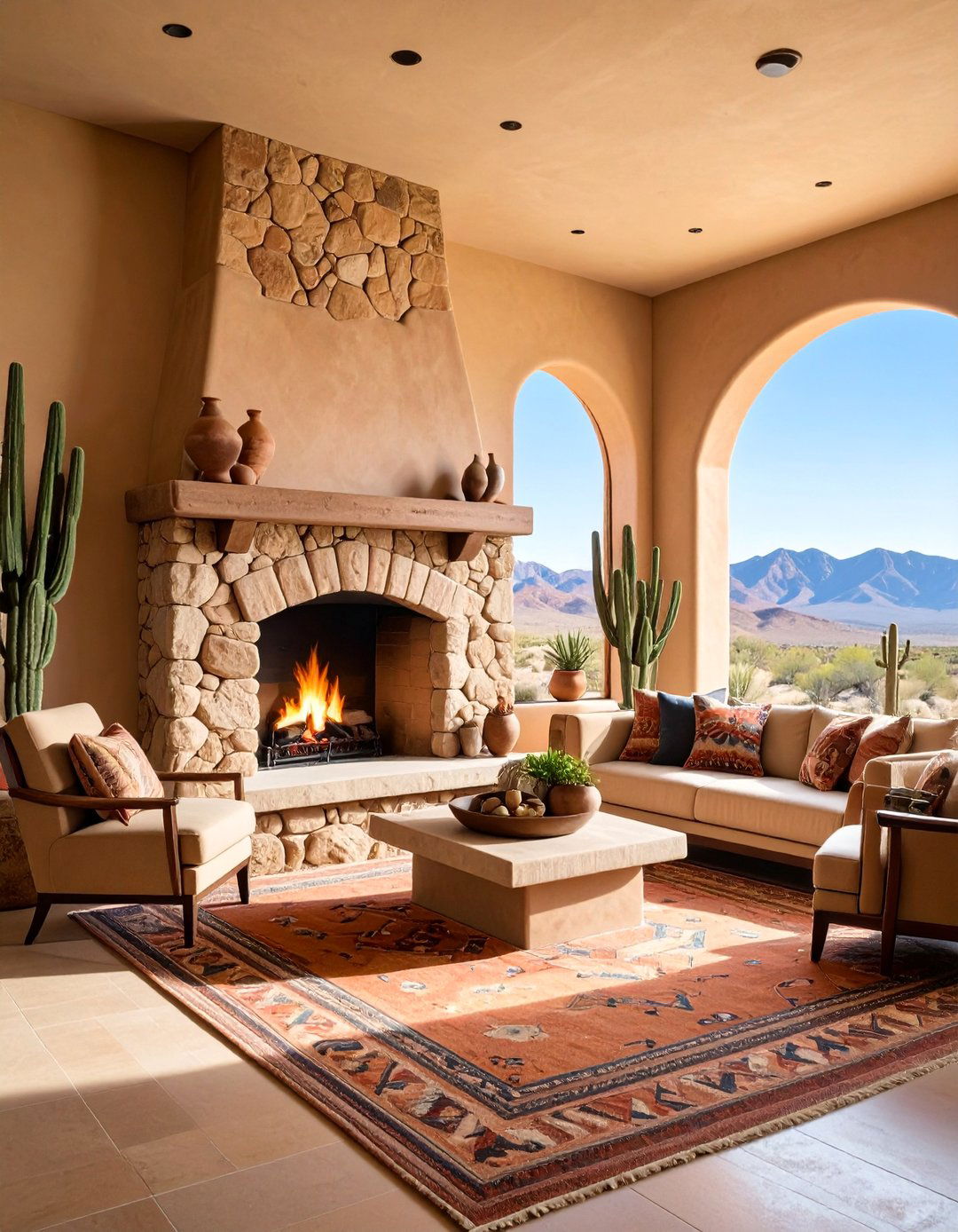 Sandstone Fireplace with Southwestern Desert Themes - 25 Floor-to-Ceiling Stone Fireplace Ideas