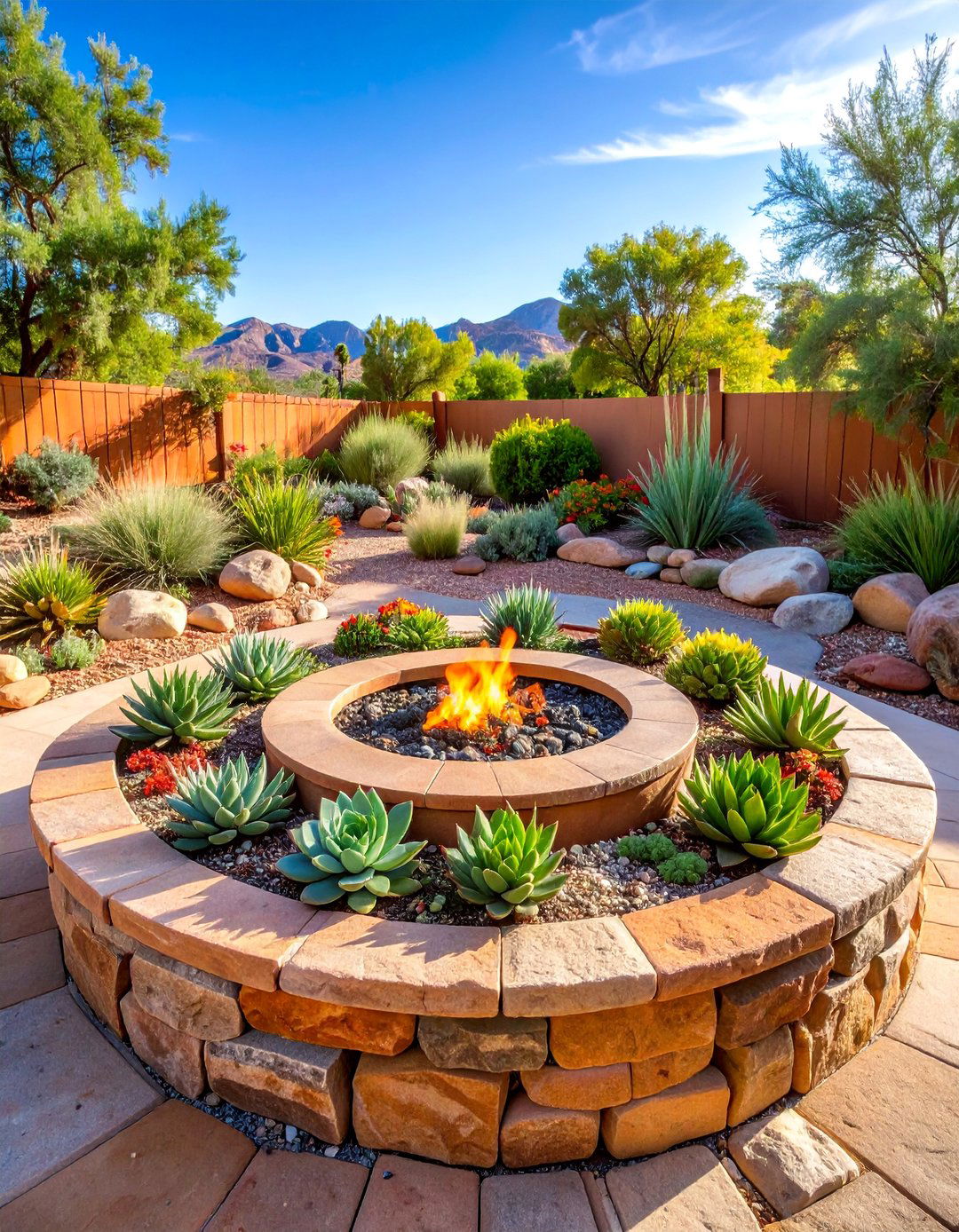 Sandstone Flagstone Fire Pit with Desert Landscaping - 25 Flagstone Fire Pit Ideas