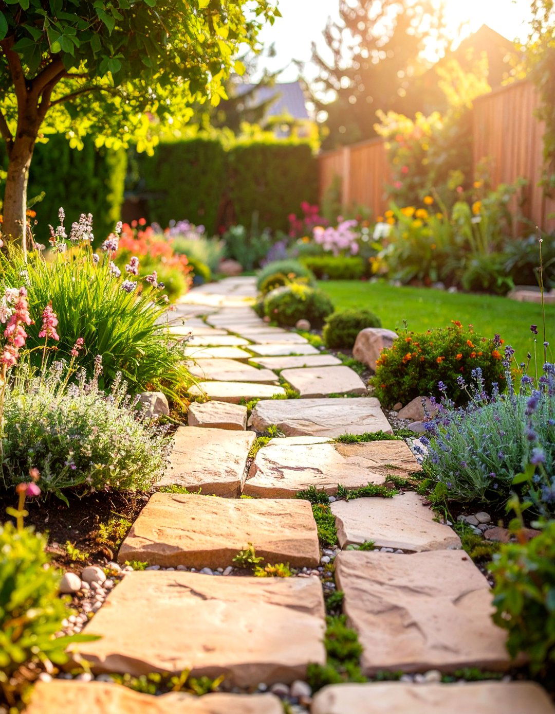 Sandstone Irregular Path with Plantings - 25 Stone Walkway Ideas