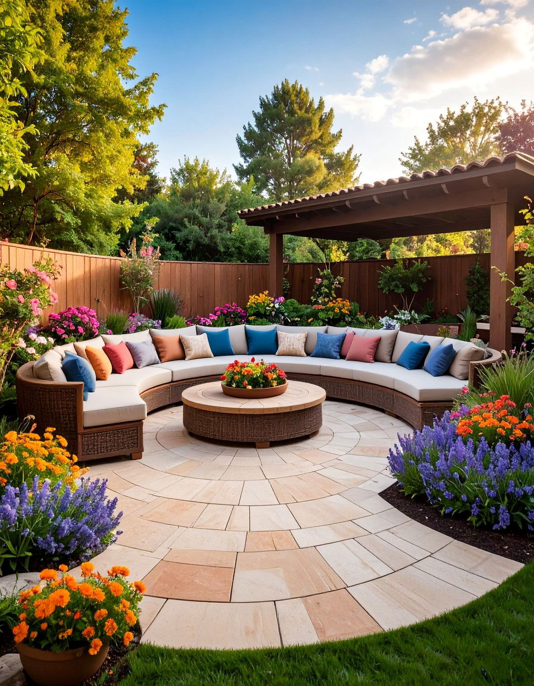 Sandstone Semi Circle Patio with Built in Seating - 25 Semi Circle Patio Ideas and Inspiration
