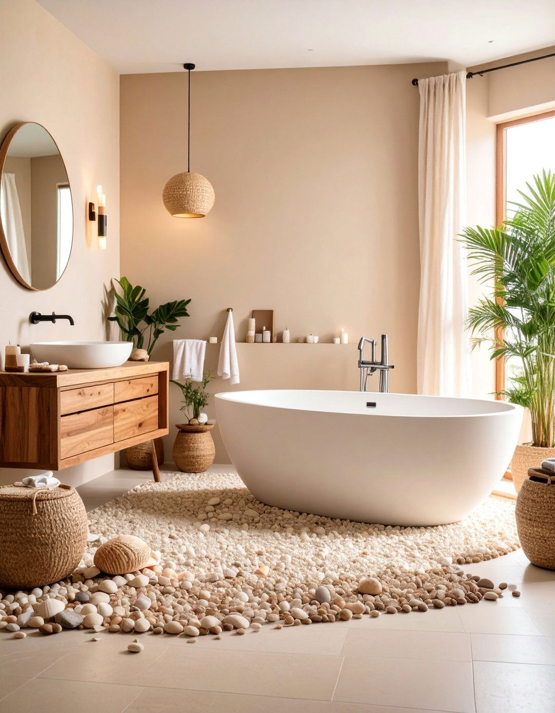 Sandy Beach Sanctuary with Pebble Stone Floors - 25 Coastal Bathroom Ideas