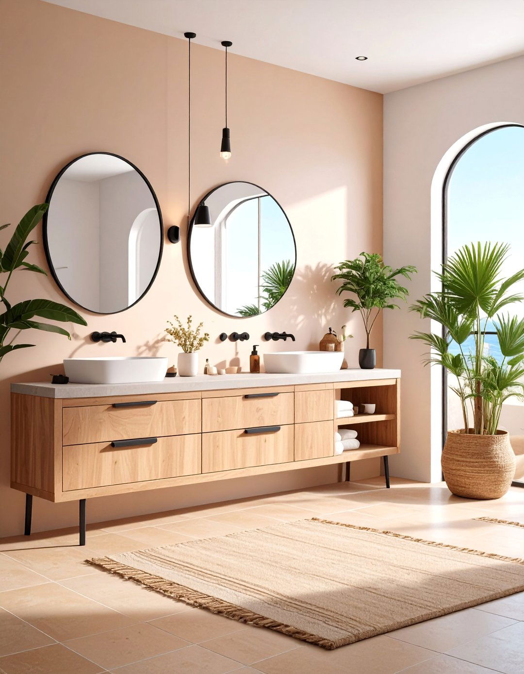 Sandy Brown Floors with Black Accent Features - 25 brown and black bathroom ideas