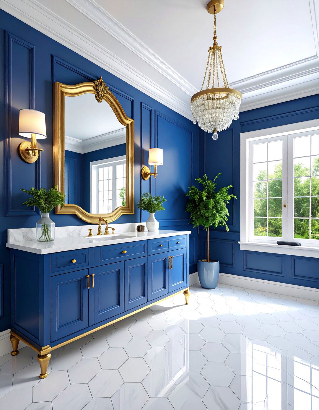 Sapphire Blue Powder Room with Gold Accents - 25 blue powder room ideas