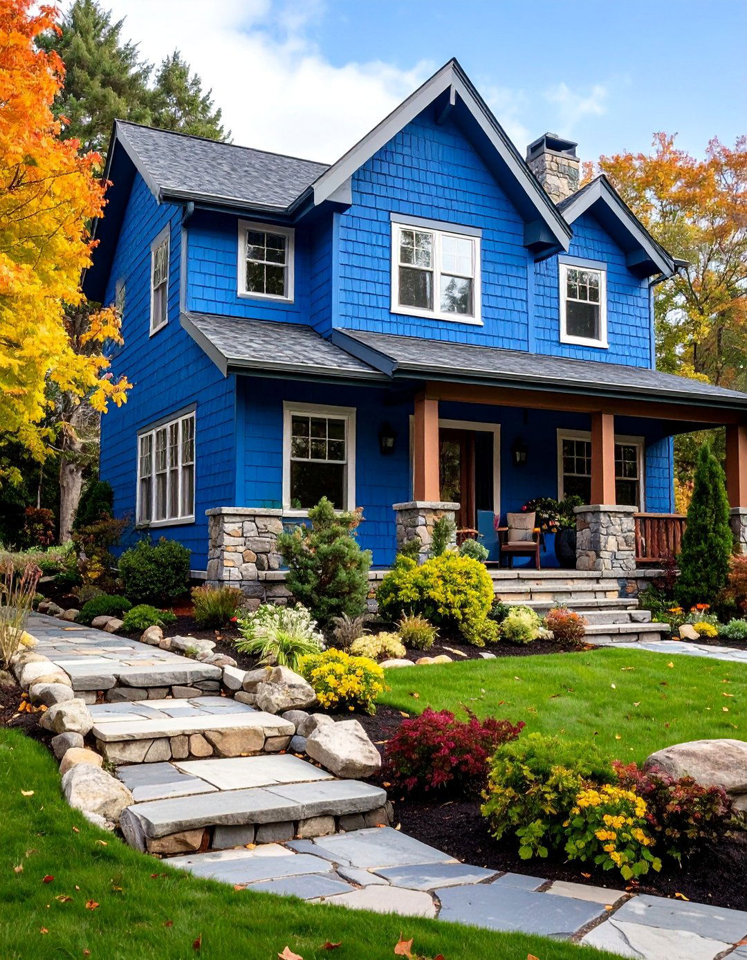 Sapphire Blue Shake with Flagstone Foundation - 25 Midnight Blue & Dark Blue House Siding Colors