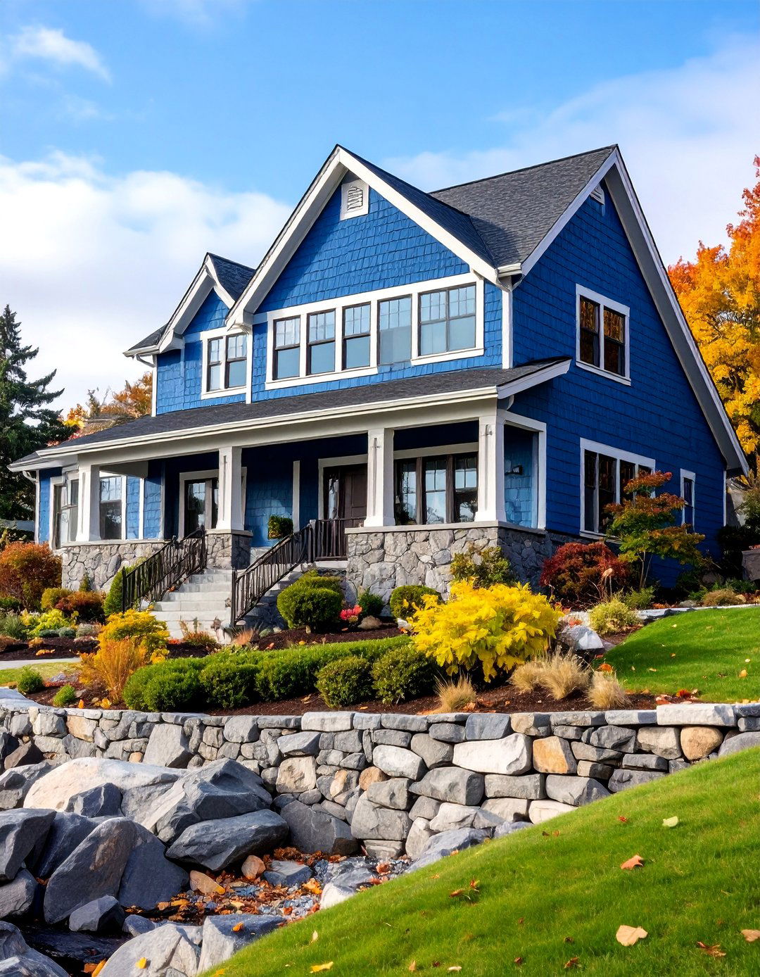 Sapphire Blue Shingle Style with Gray Stone Foundation - 25 Midnight Blue & Dark Blue House Siding Colors