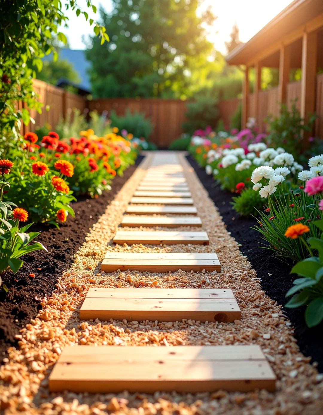 Sawdust Pathway with Wooden Plank Stepping Sections - 25 Mulch Pathway Ideas