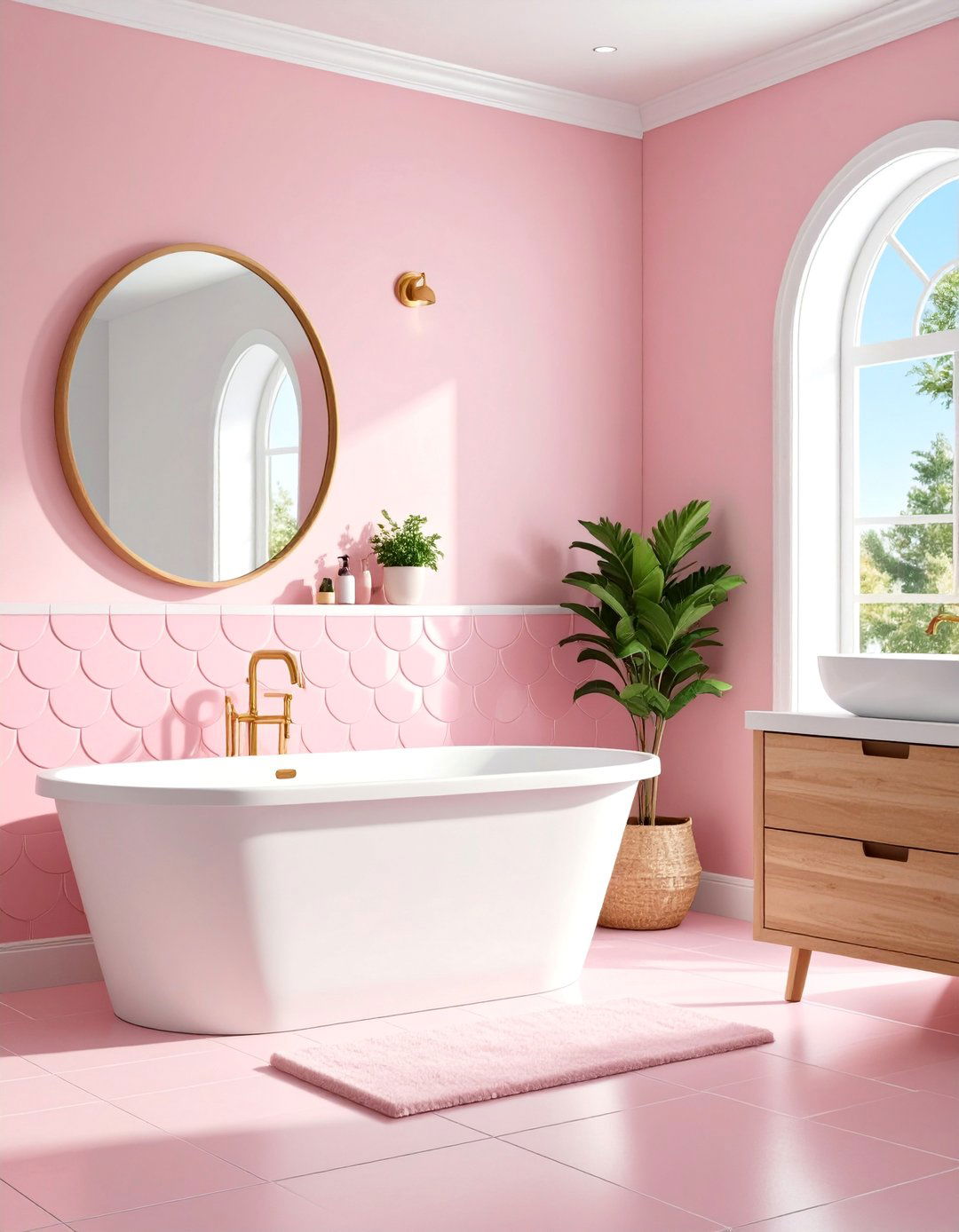 Scalloped Pink Tile Feature - 25 Pink Bathroom Ideas