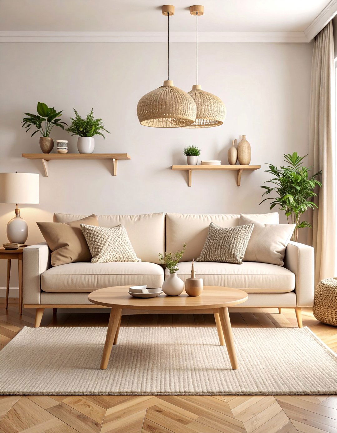 Scandinavian Beige Living Room with Natural Wood Accents - 25 Beige Living Room Ideas