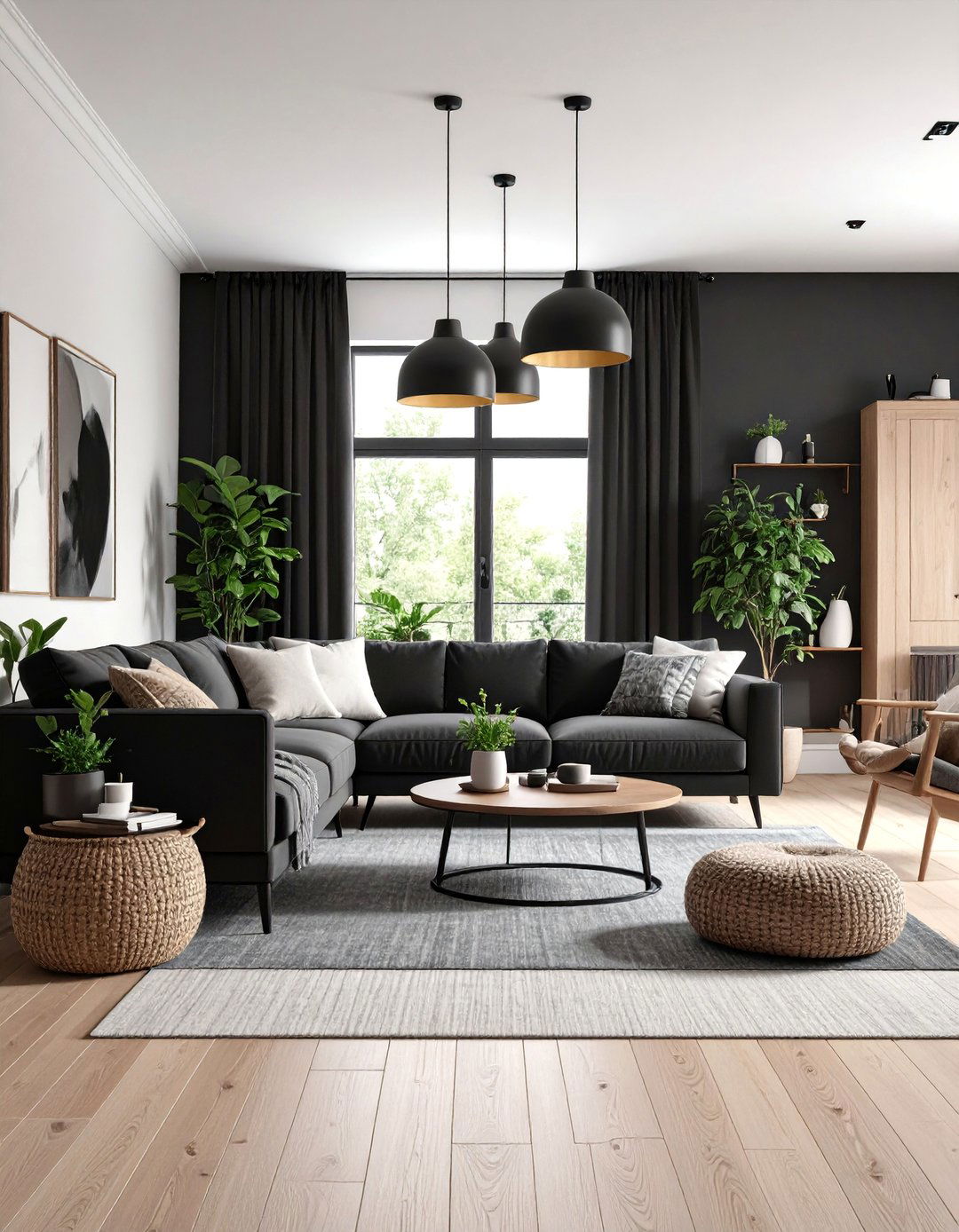 Scandinavian Black Living Room with Natural Elements - 25 Black Living Room Ideas