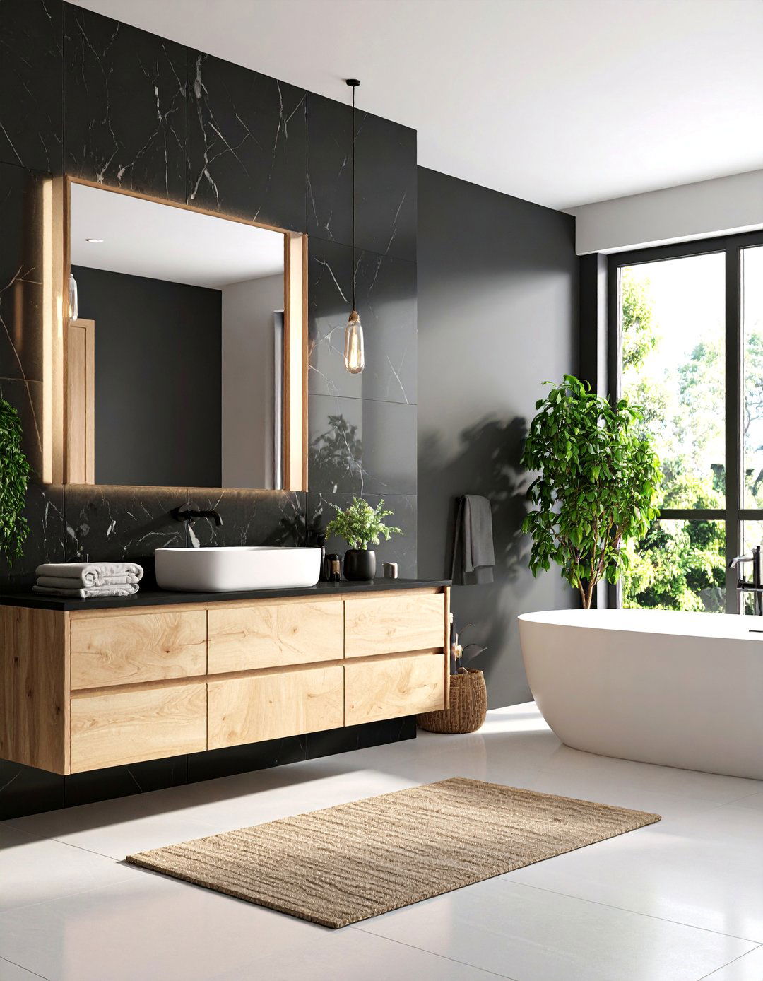 Scandinavian Black Marble Bathroom with Light Wood Accents - 25 Black Marble Bathrooms