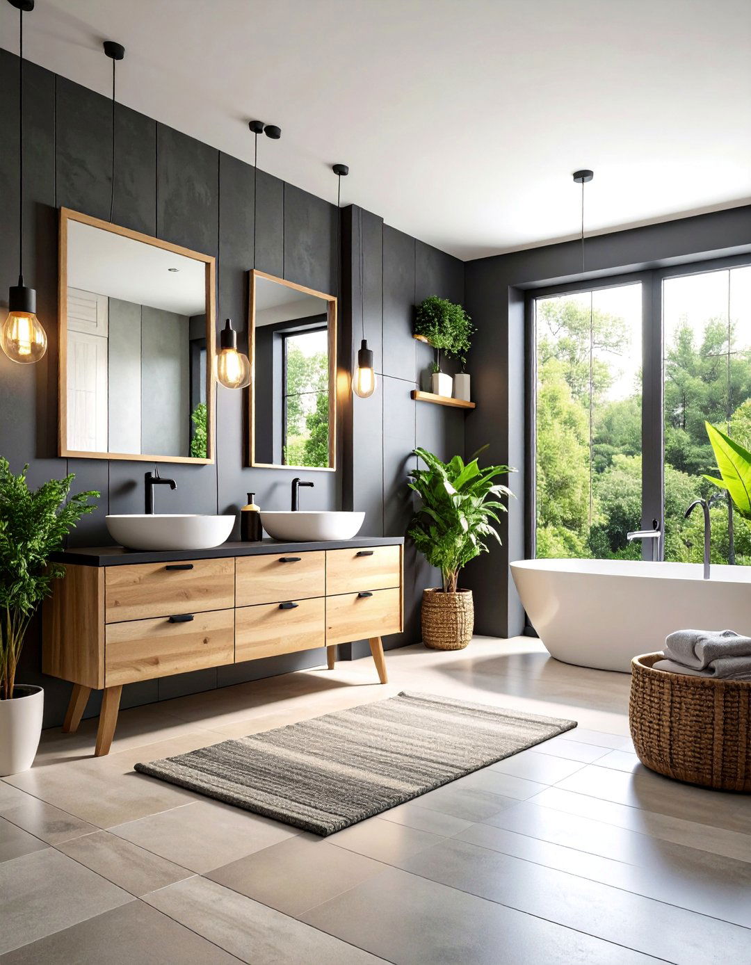 Scandinavian Black and Light Wood with Natural Textures - 25 Black and Wood Bathroom Ideas