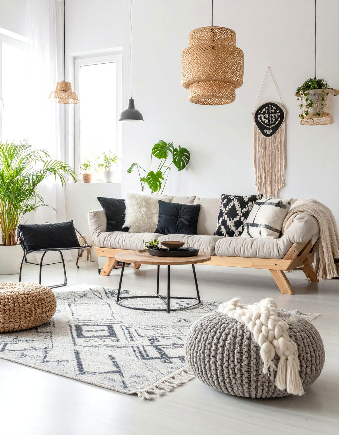 Scandinavian Boho Fusion with Black Accents - 25 Black and White Boho Living Room Ideas
