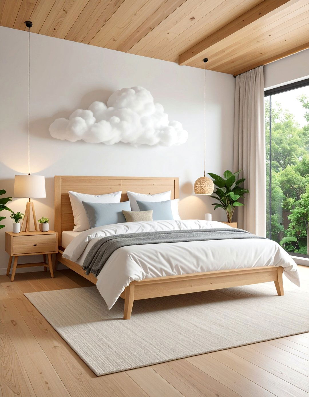 Scandinavian Cloud Bedroom with Natural Wood Accents - 25 Cloud-Themed Bedroom Ideas