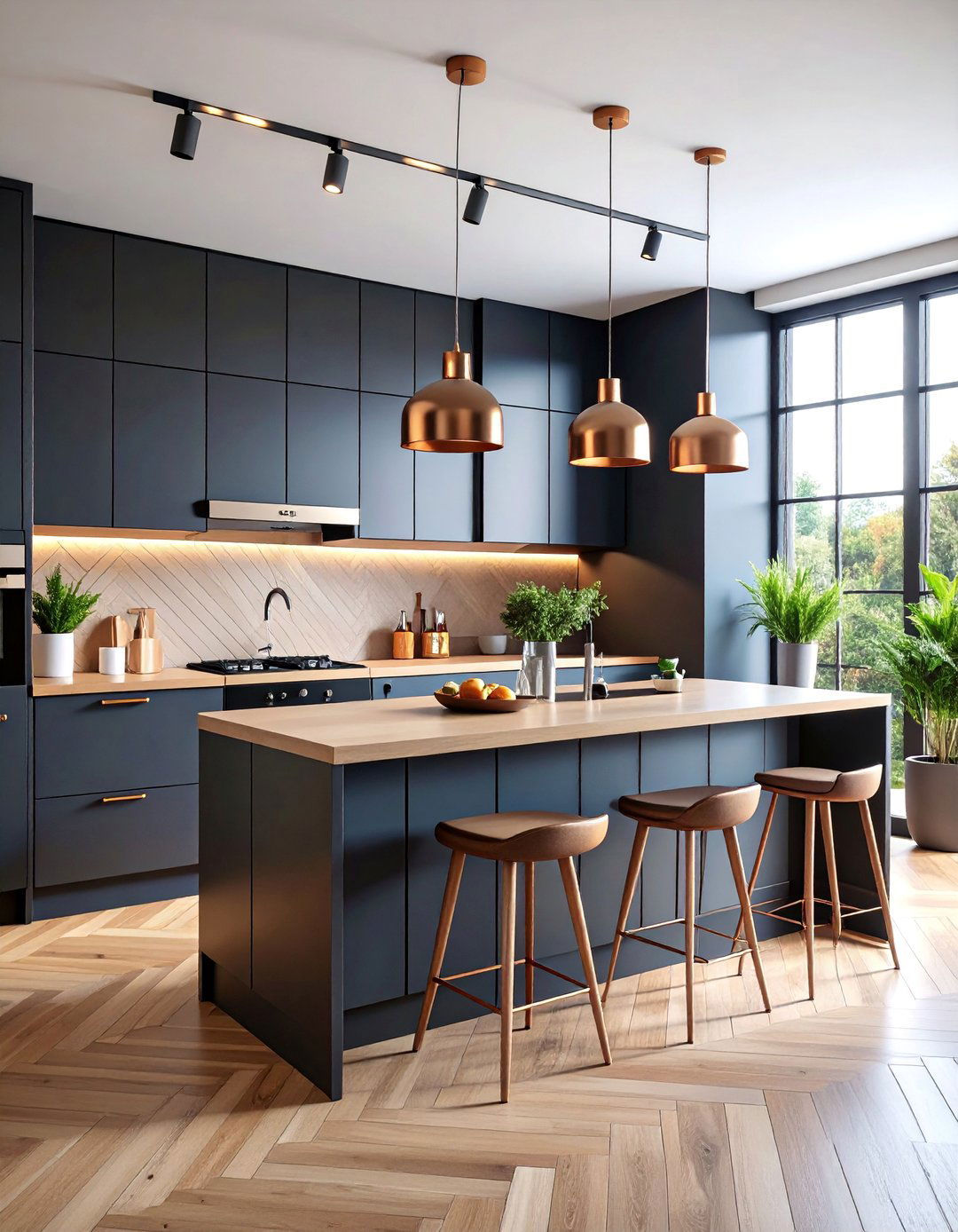 Scandinavian Copper Accents with Matte Black Minimalist Cabinets - 25 black and copper kitchen ideas