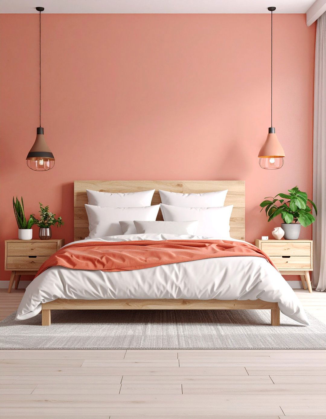 Scandinavian Coral Bedroom with Light Woods and Whites - 25 Coral Bedroom Ideas