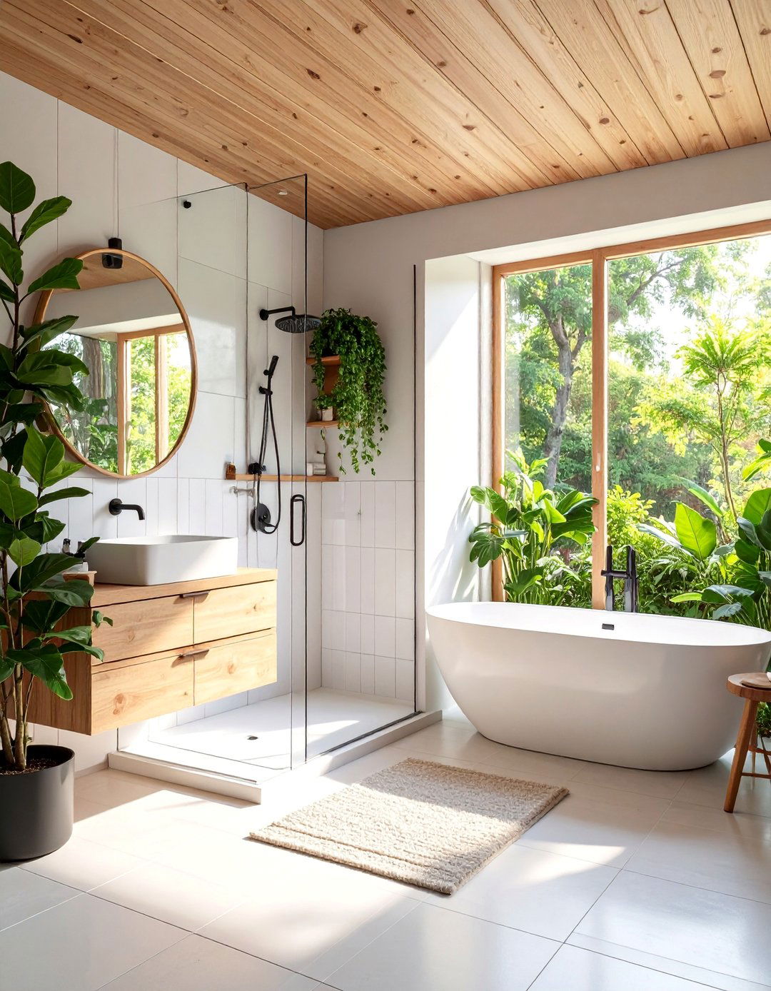 Scandinavian Corner Shower with Light Wood and White Tiles - 25 Corner Shower Ideas