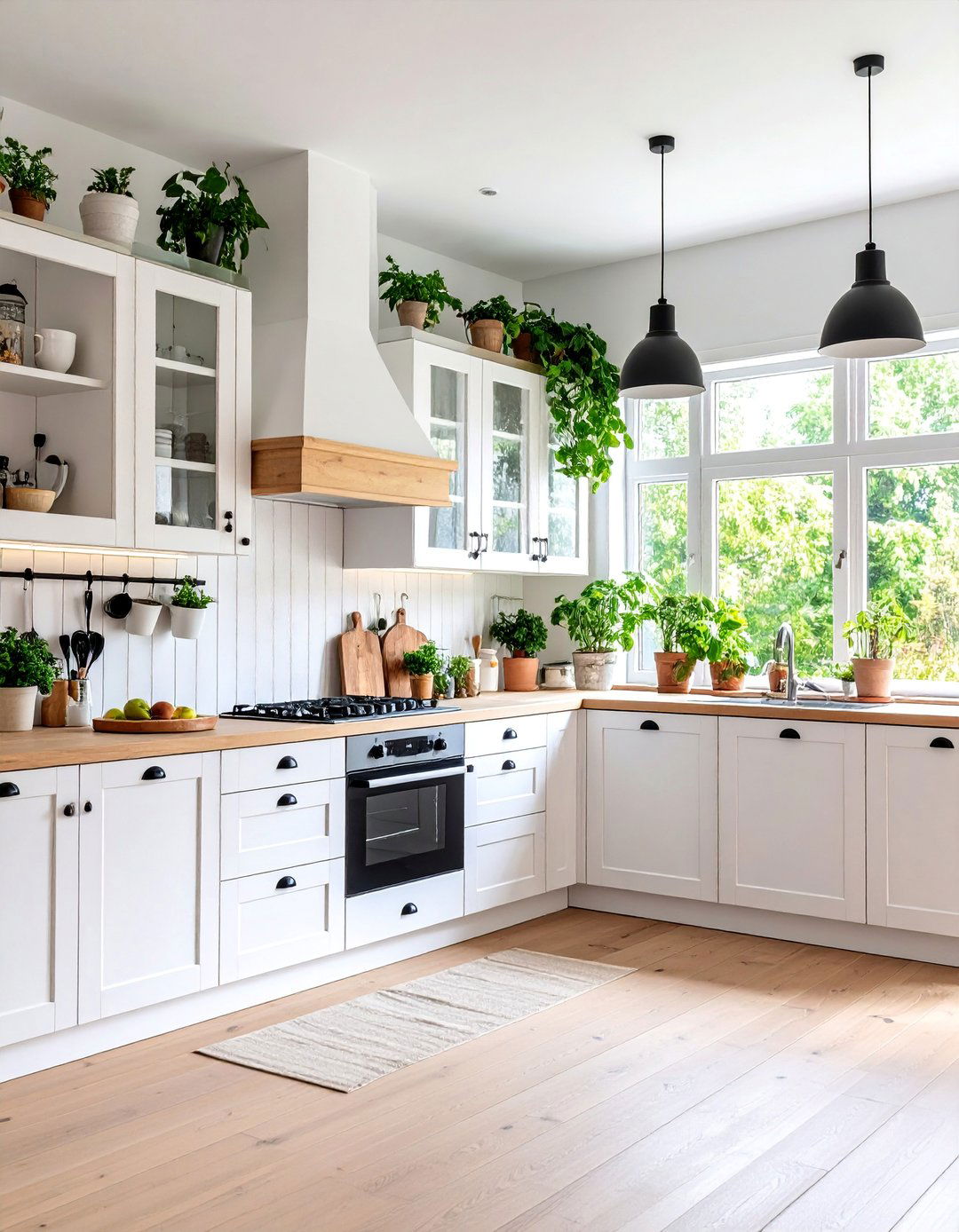 Scandinavian Country Kitchen with Natural Elements - 25 White Kitchen Cabinets With Black Hardware