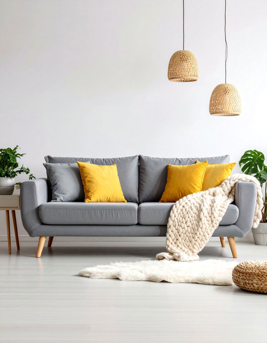 Scandinavian Dark Grey Couch with Natural Wood - 25 dark grey couch living room ideas