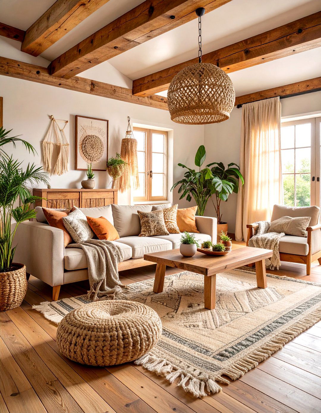 Scandinavian Farmhouse Taupe Living Room with Natural Wood - 25 Taupe Living Room Ideas