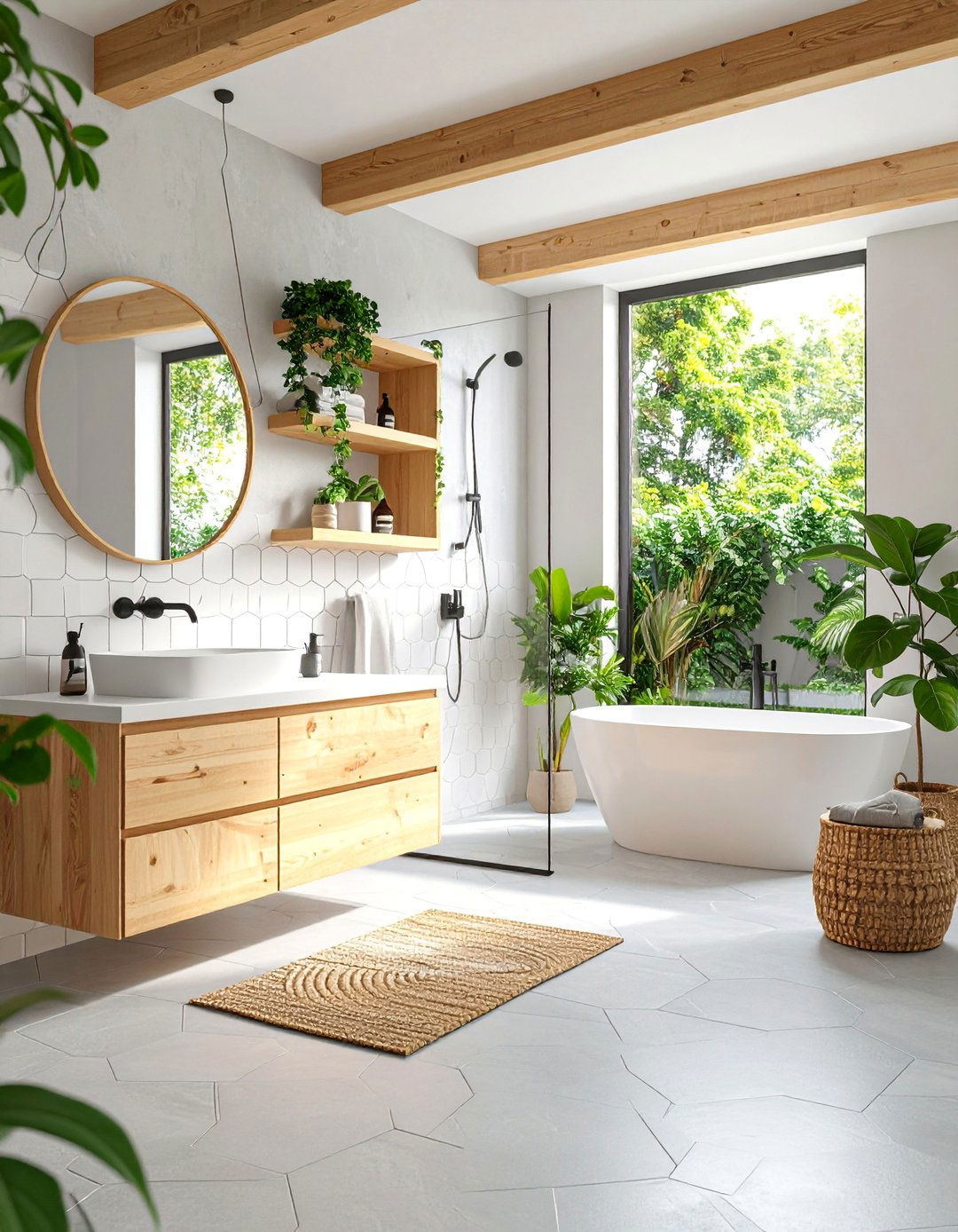 Scandinavian Gray Floor Bathroom with Light Wood Accents - 25 Gray Floor Bathroom Ideas