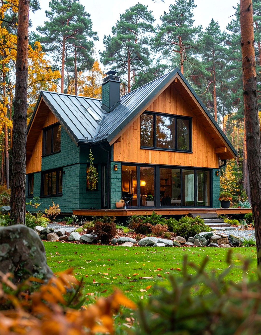 Scandinavian Green Brick with Natural Wood - 25 Green Brick Exterior Home Ideas