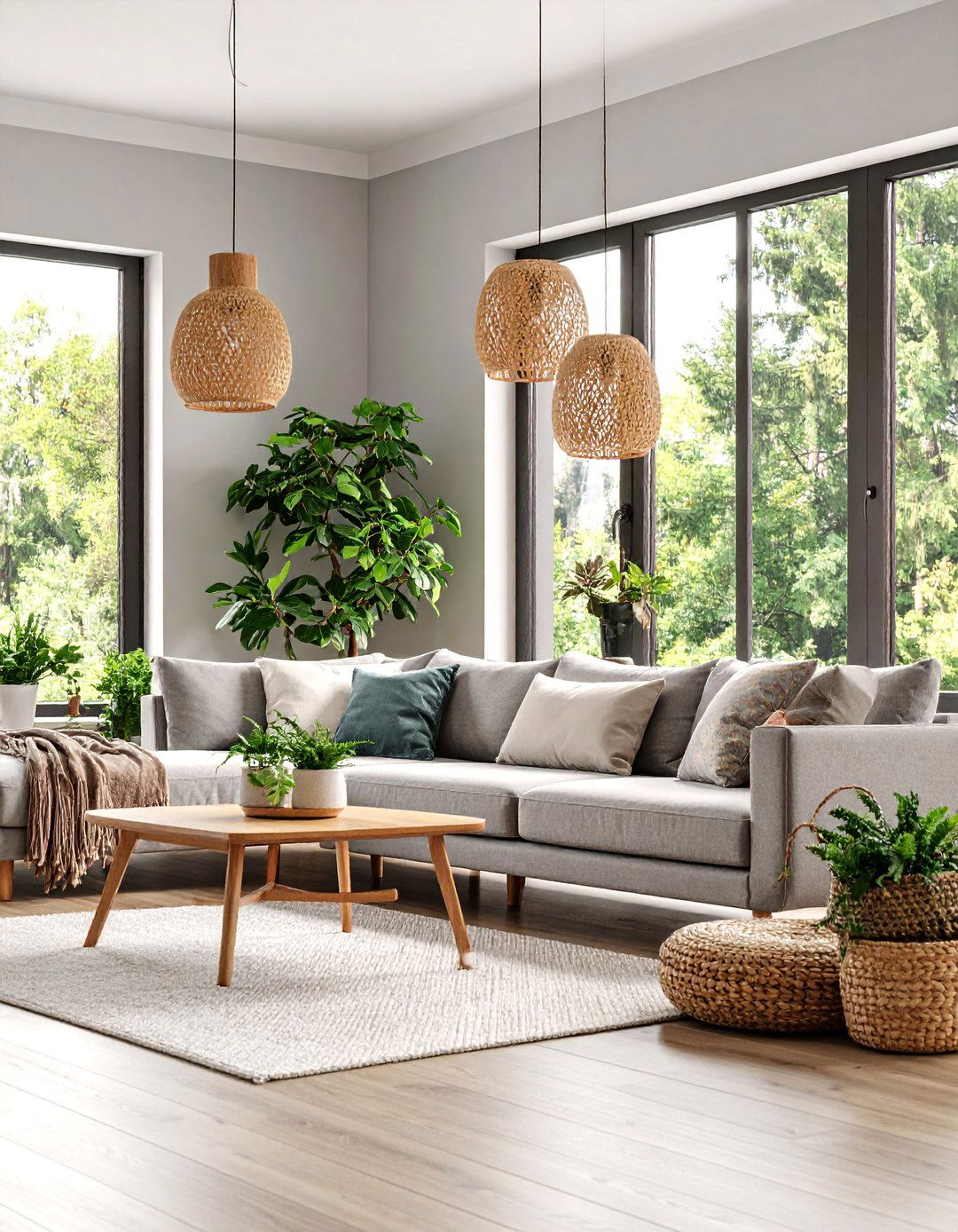 Scandinavian Grey Living Room with Natural Wood Accents - 25 living room grey walls black trim