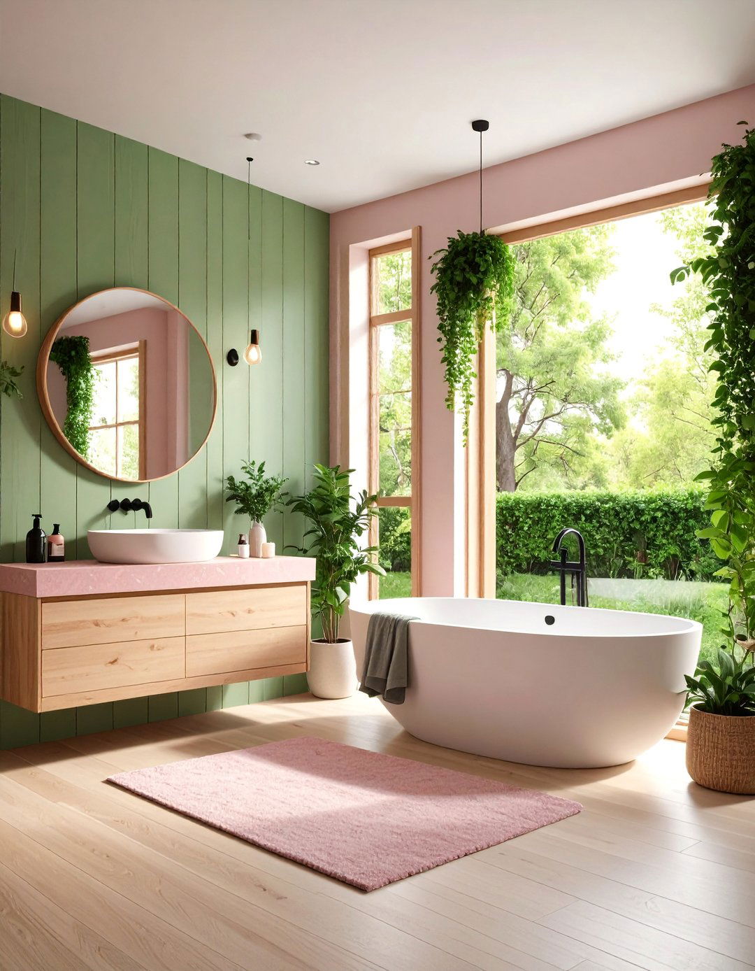 Scandinavian Hygge Bathroom with Sage Green Wood and Pink Stone - 25 Pink and Green Bathroom Design Ideas