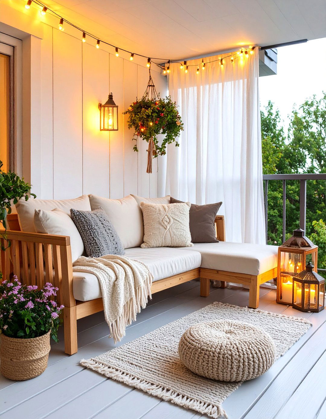Scandinavian Hygge Bedroom Balcony with Cozy Lighting - 25 Bedroom Balcony Ideas