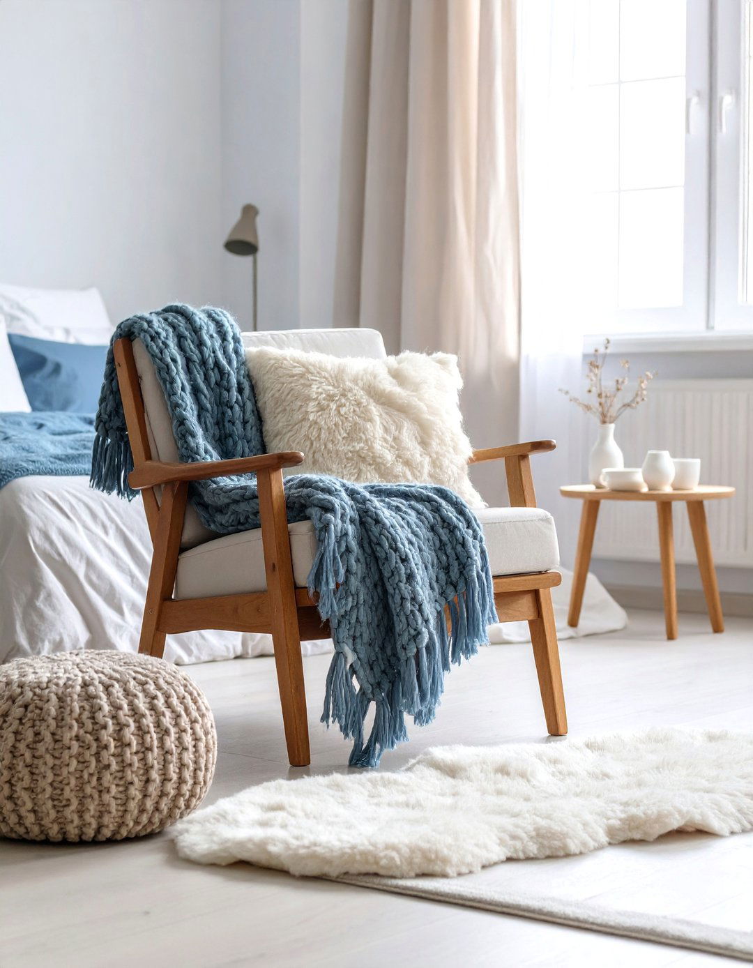 Scandinavian Hygge Corner with Sheepskin Accents - 25 Bedroom Sitting Area Ideas