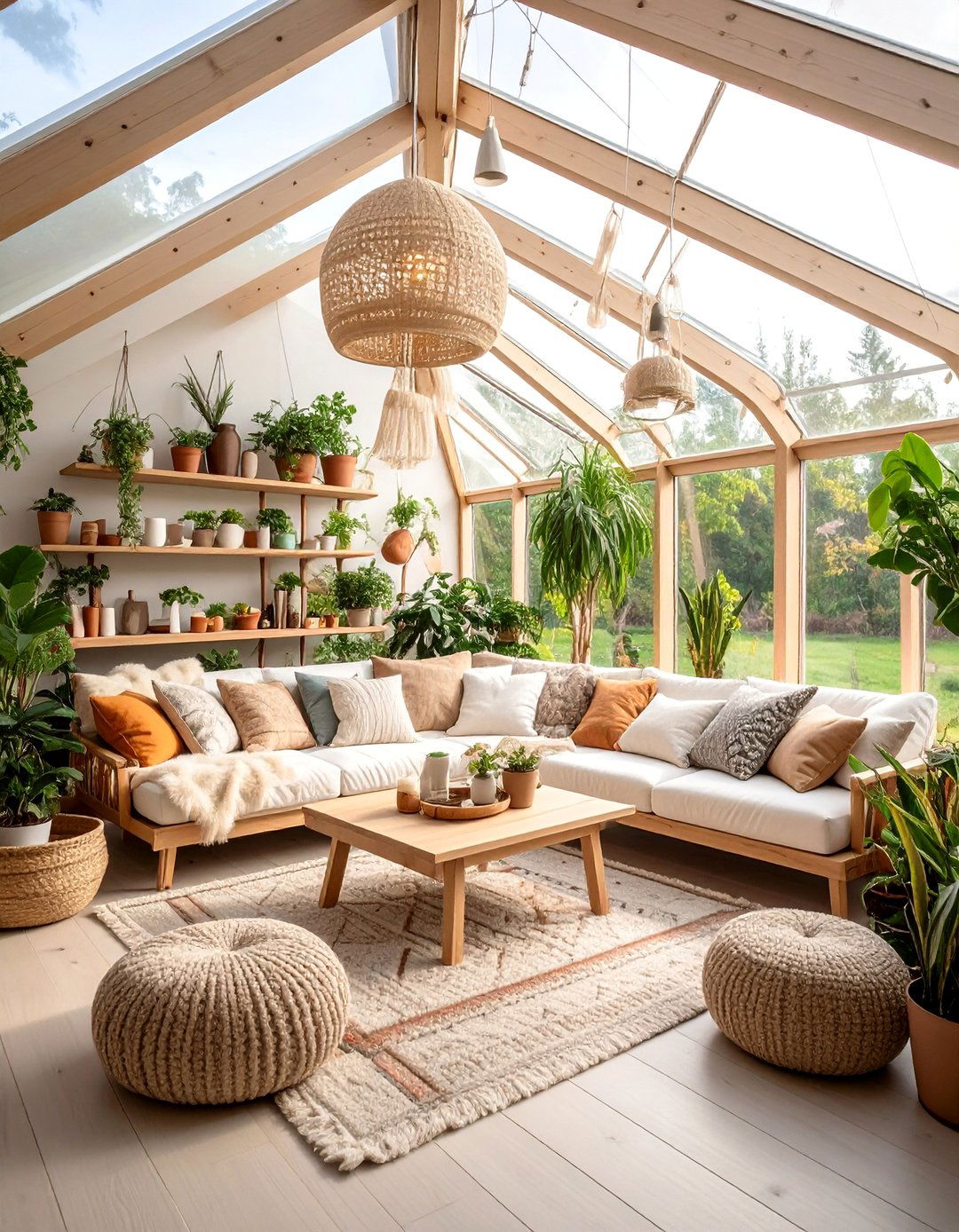 Scandinavian Hygge Greenhouse with Cozy Natural Elements - 25 Greenhouse Decor Ideas