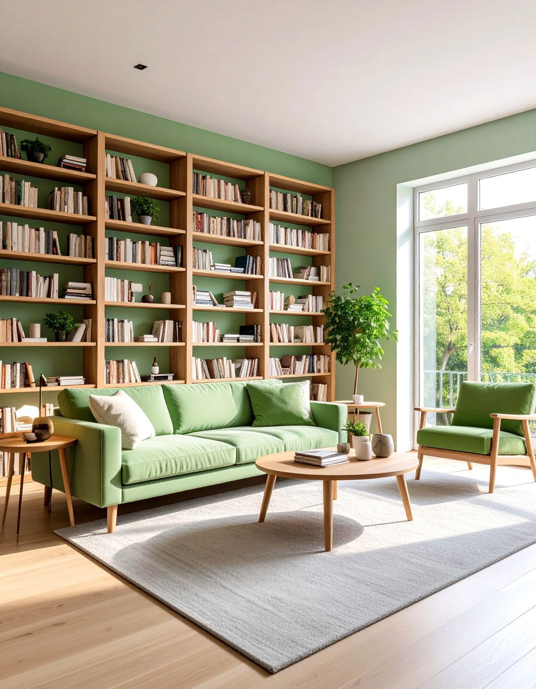 Scandinavian Hygge Library with Green Elements - 25 Dark Green Home Library Ideas and Inspiration