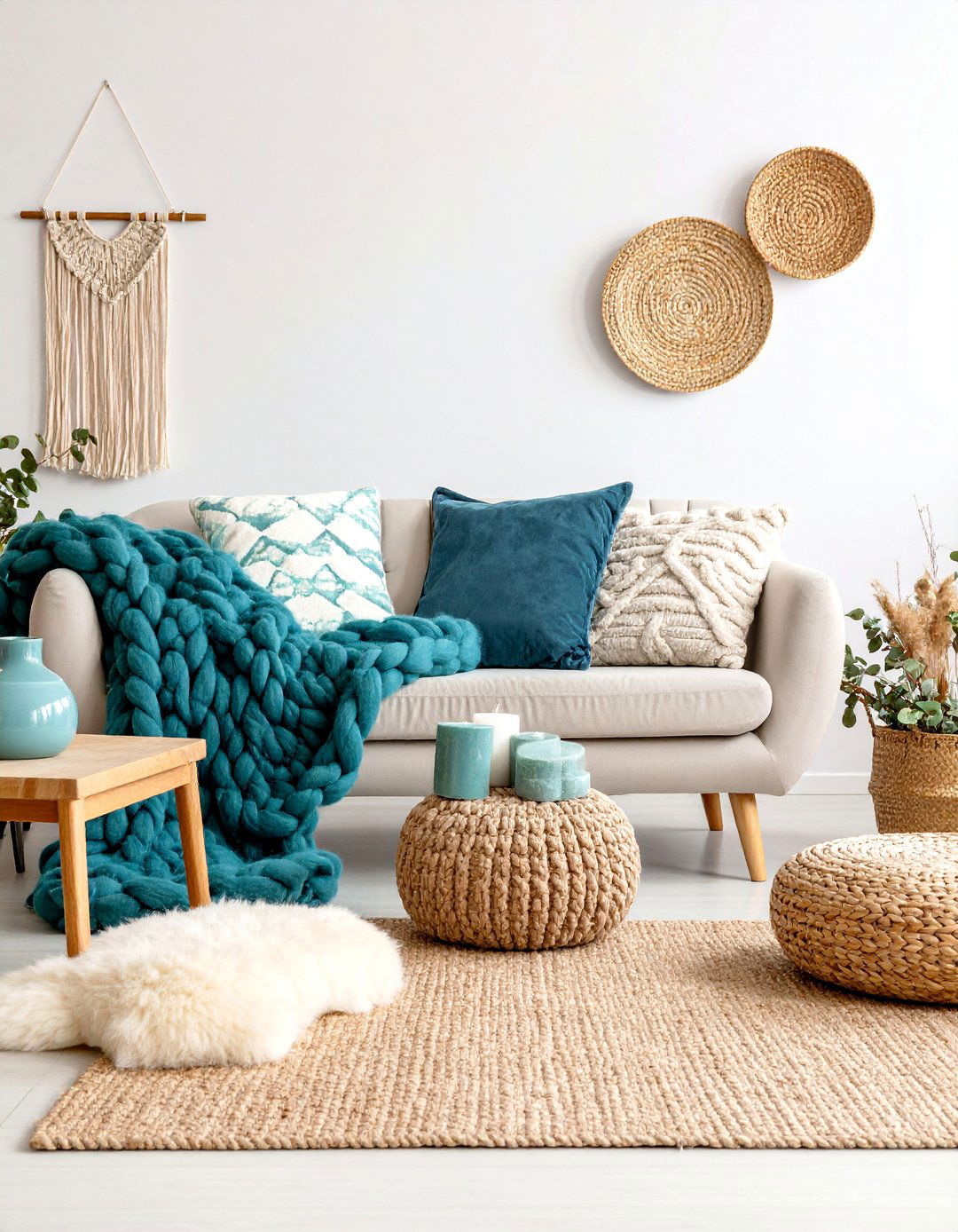 Scandinavian Hygge Living Room with Cozy Wool Textures - 25 Fall Living Room Ideas