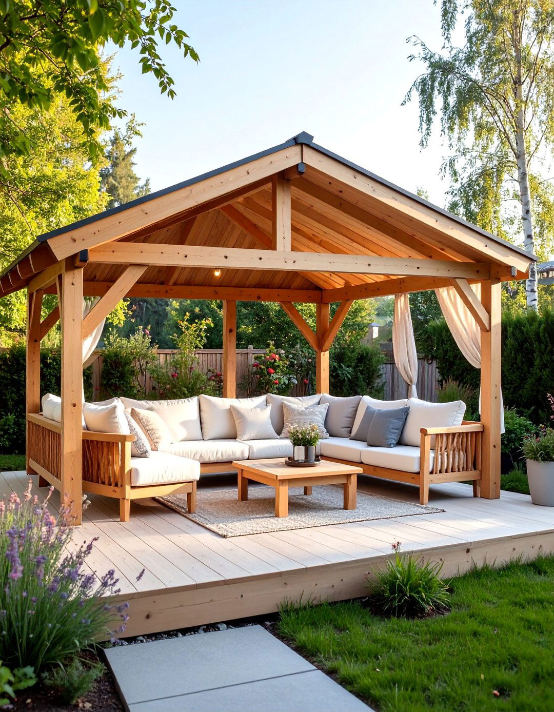 Scandinavian Hygge Patio Gazebo with Natural Wood - 25 patio with a gazebo ideas
