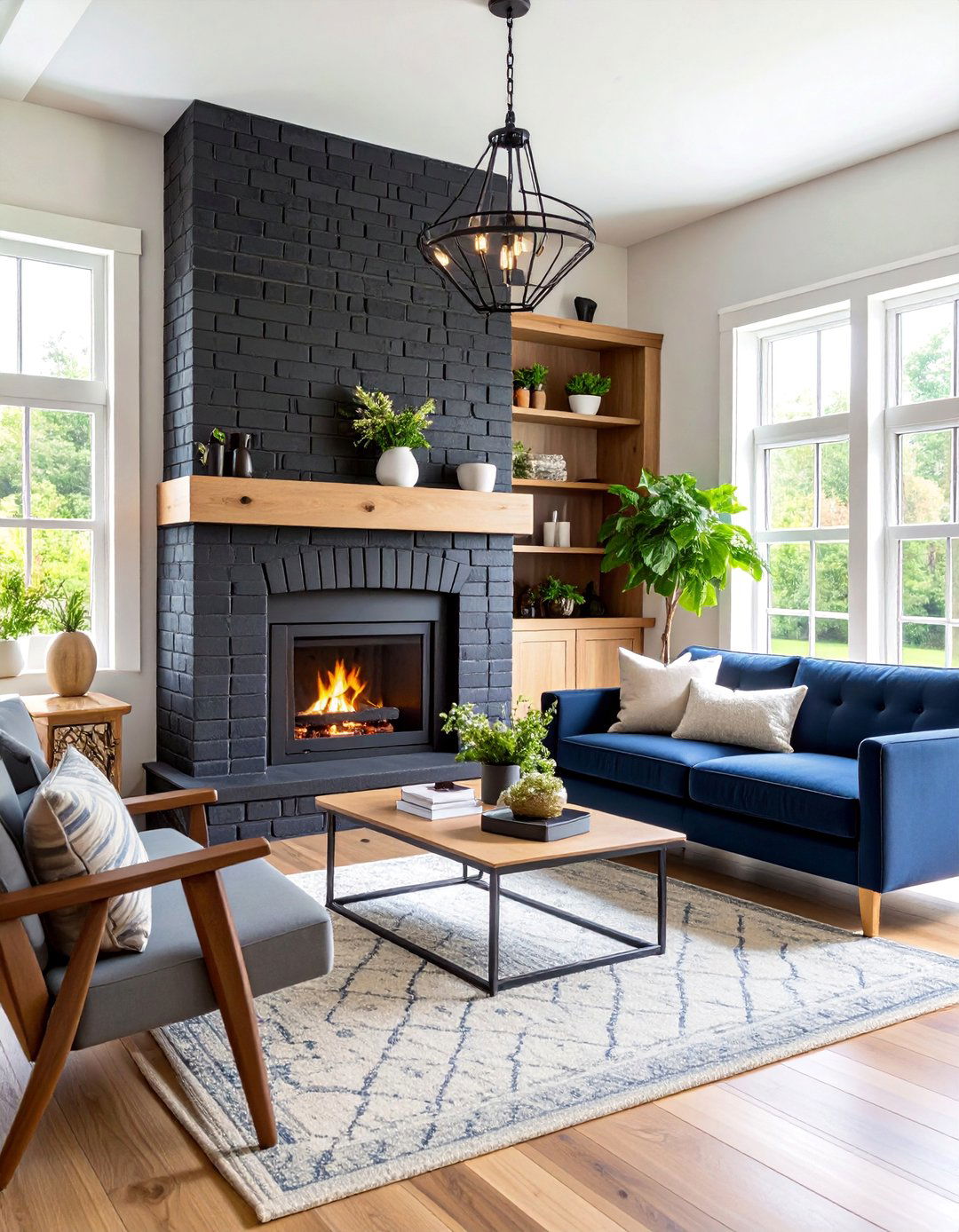 Scandinavian Inspired Black Brick Fireplace with Light Wood Accents - 25 Black Brick Fireplace Ideas