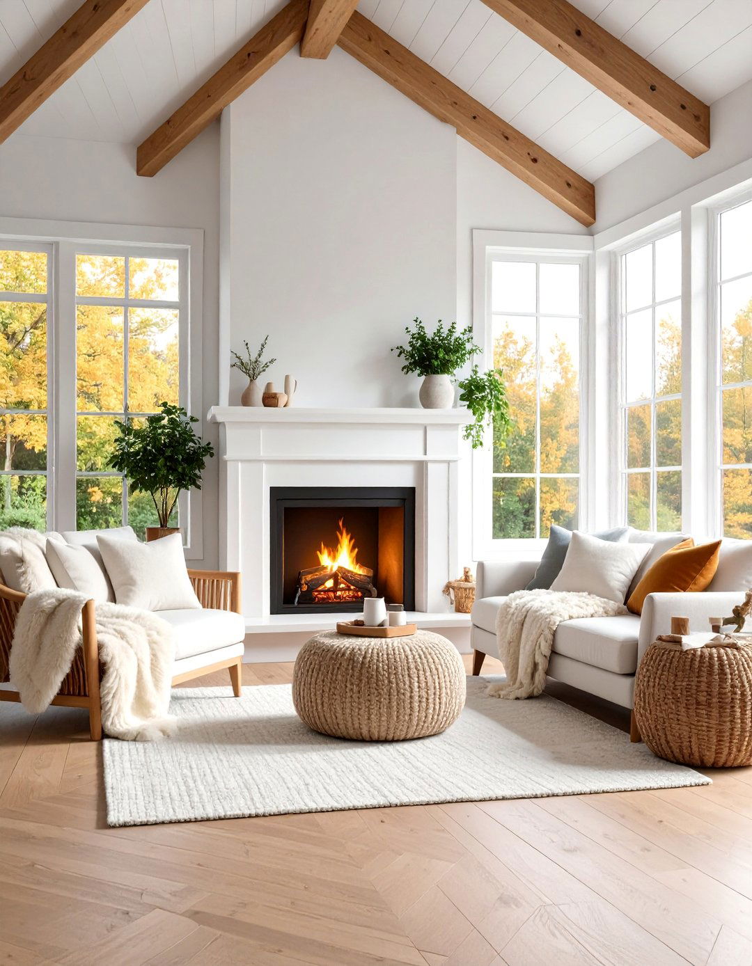 Scandinavian Inspired Corner Fireplace with Hygge Elements - 25 Sunroom With Fireplace Ideas