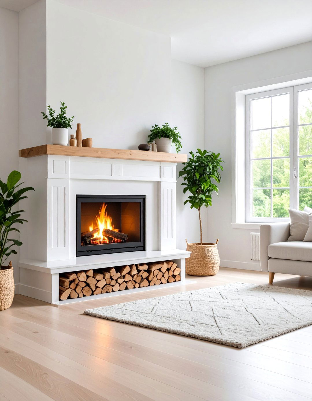 Scandinavian Inspired Corner Fireplace with Light Woods - 25 Corner Fireplace Ideas