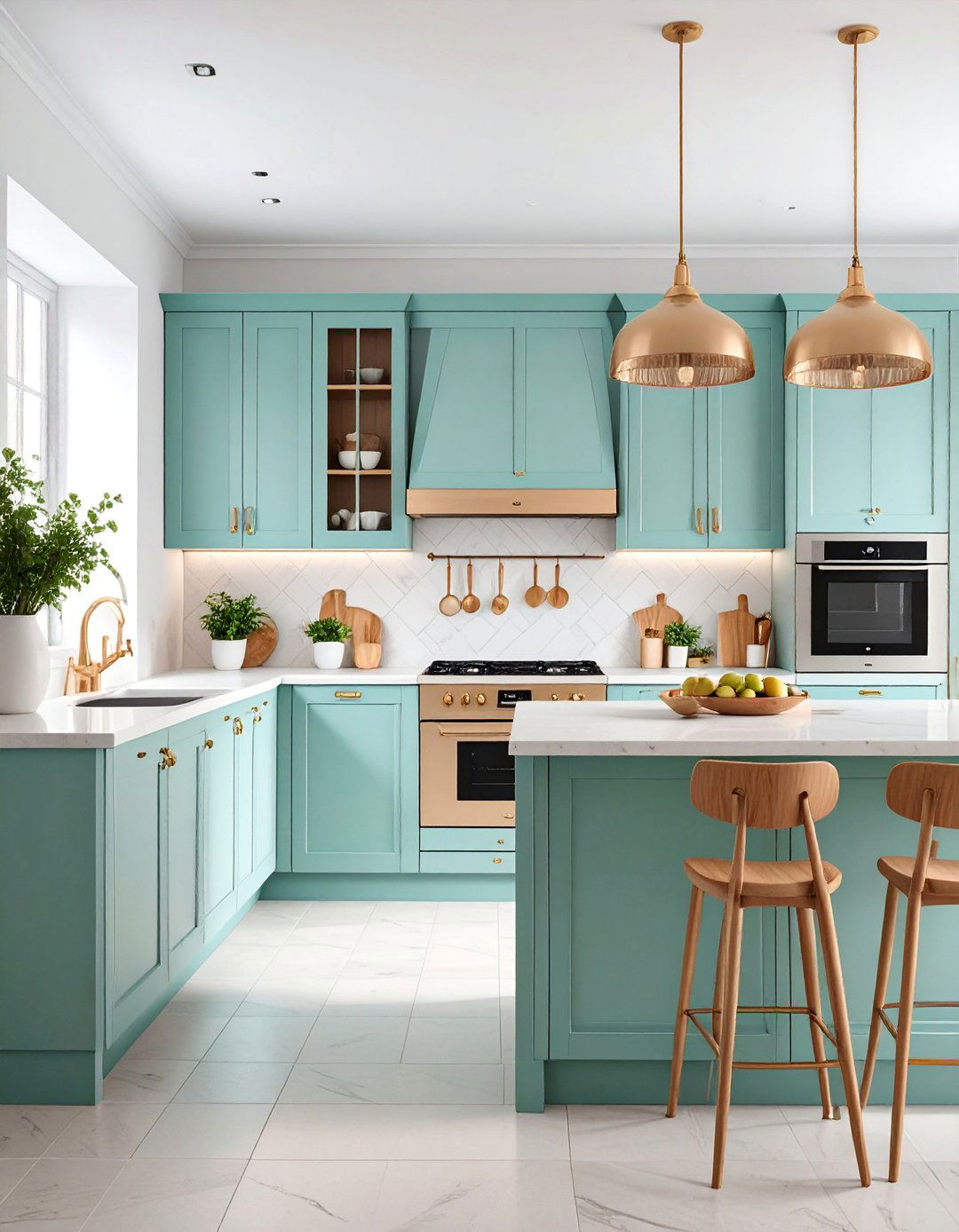 Scandinavian Inspired Light Green Cabinets with Brown Wood Accents - 25 Green and Brown Kitchen Ideas