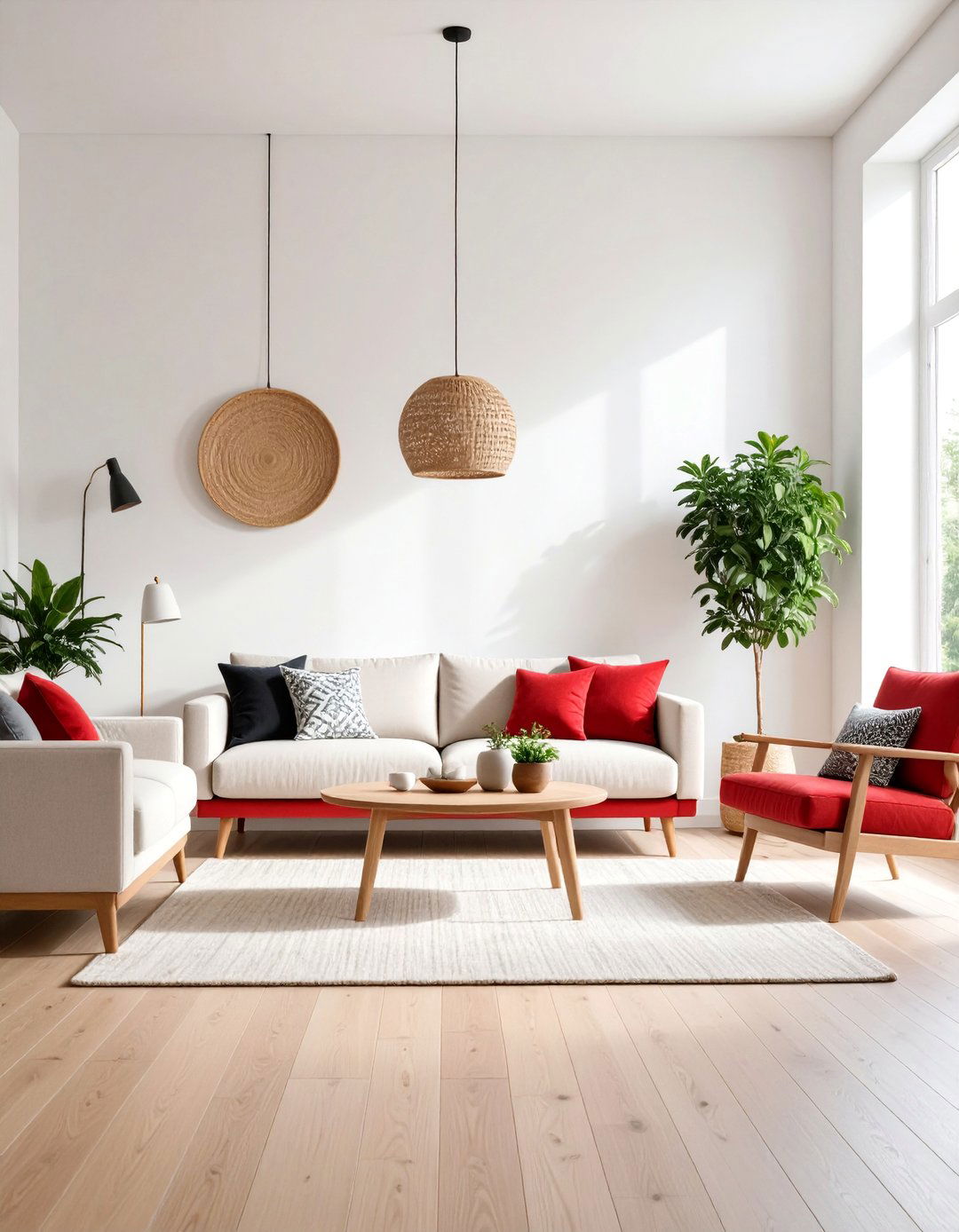 Scandinavian Inspired Living Room with Black and Red Accents - 25 Black and Red Living Room Ideas
