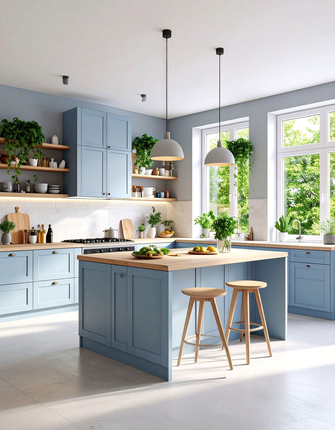 Scandinavian Light Grey Microcement Kitchen with Natural Wood - 25 Microcement Kitchen Ideas