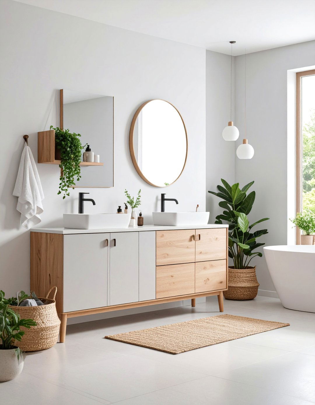 Scandinavian Light Grey Vanity with Natural Wood Accents - 25 Grey Bathroom Vanity Design Ideas