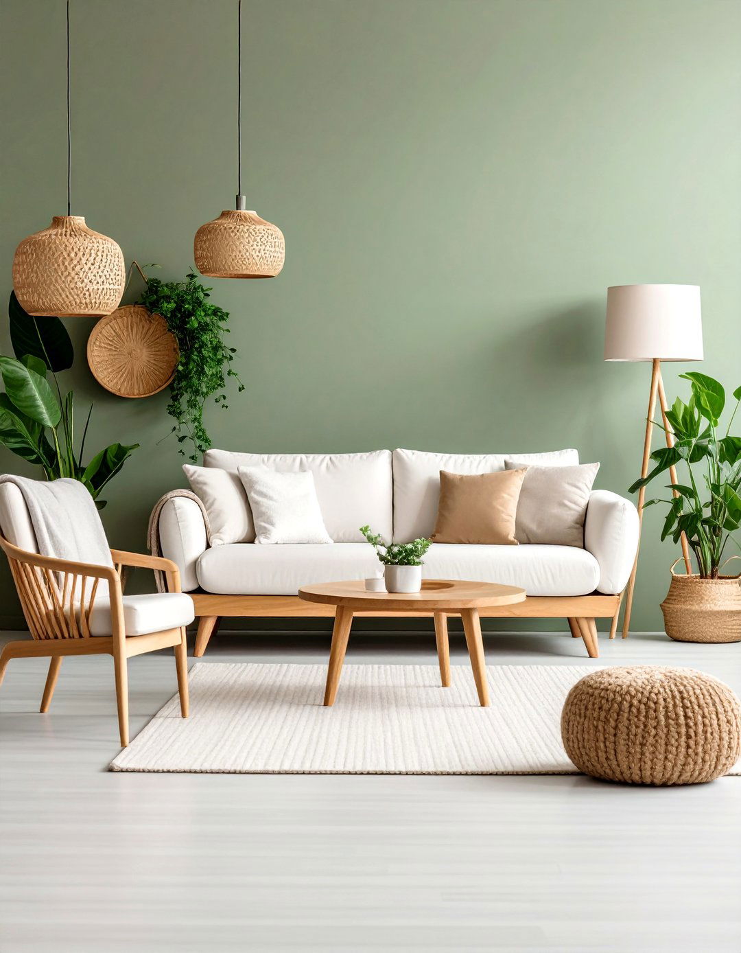 Scandinavian Living Room with Olive Green Painted Wall - 25 Olive Green Accent Wall Ideas
