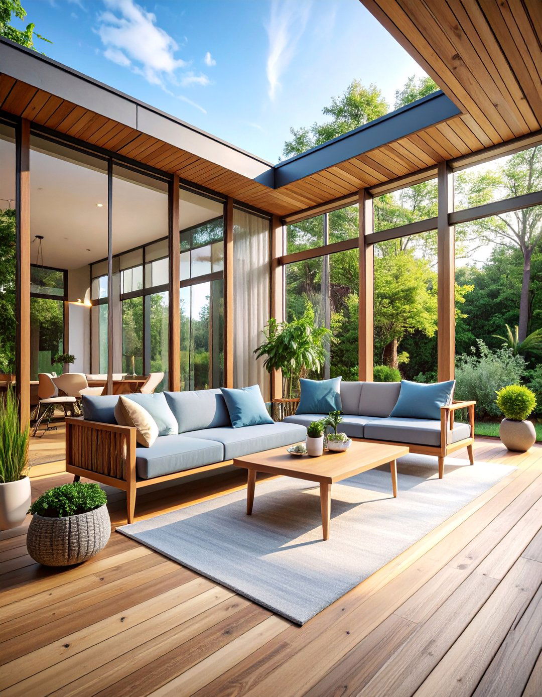 Scandinavian Minimalist Glass Room with Natural Wood - 25 Sunroom and Deck Combo Ideas